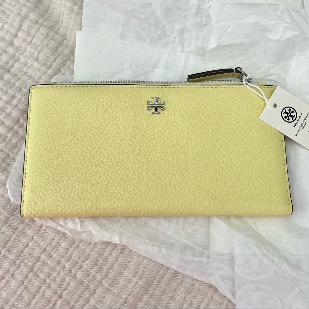 Tory Burch | NWT Blake ColorBlock Slim Envelope Wallet Yellow Pinefrost Silver - Picture 2 of 9